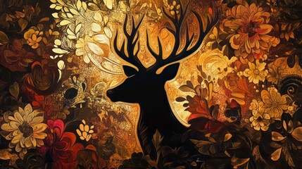 Poster - A silhouette of a deer surrounded by intricate floral patterns in warm tones.