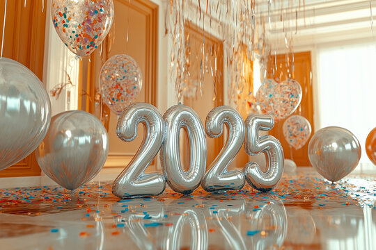 A room decorated with large silver 2025 balloons, surrounded by colorful confetti