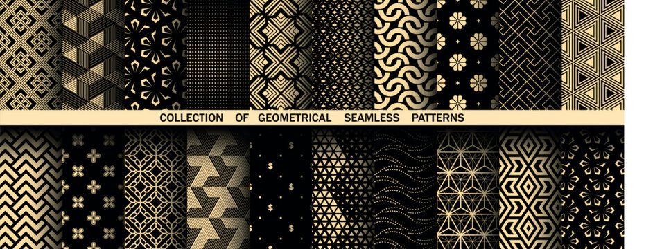 Geometric set of seamless black and golden patterns. Simple vector graphics