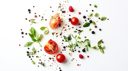 Poster - Artistic composition of plant based ingredients highlighting texture and color harmony on a white background