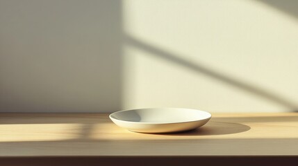 Poster - A simple white plate rests on a softly lit kitchen table embodying minimalistic design