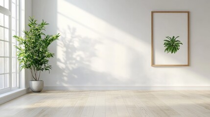 Poster - Empty white room featuring a wooden laminate floor and a frame showcasing a green plant