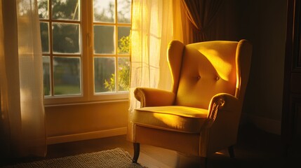 Poster - Yellow fabric classic armchair positioned by a window illuminated by dramatic sunset light in a cozy living room interior design setting