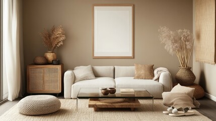 Interior design of living room with mock up poster frame, beige sofa, glass coffee table, beige wall, pouf, rattan sideboard, slippers, wooden bench, and personal accessories. Home decor. Template