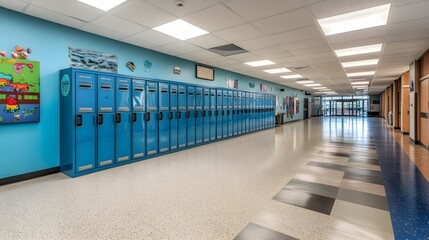  School Lockers in American High School Hallway
