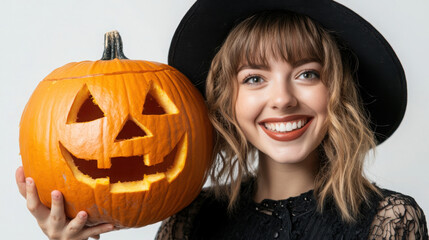 Young woman in witch costume holding a carved pumpkin for halloween celebration