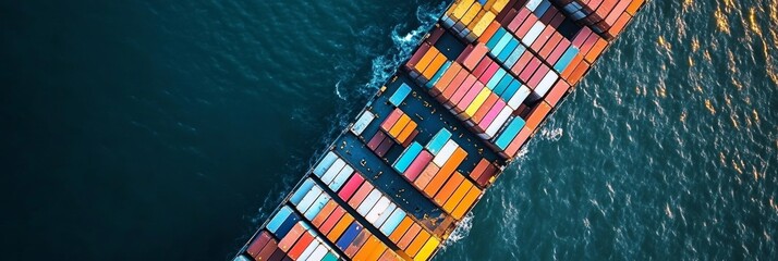 Aerial View of Container Ship Transporting Cargo Across Ocean for Import.Export Business