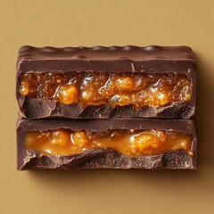 Image of a chocolate bar broken into two pieces with gooey caramel in between