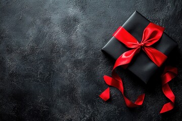 Black gift with red ribbon on dark texture