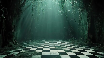 Poster - A mysterious forest with a checkered floor illuminated by beams of light.
