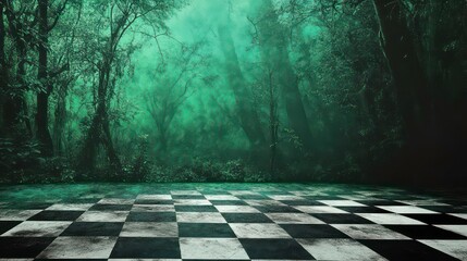 Poster - A misty forest scene with a black and white checkered floor, creating a surreal atmosphere.