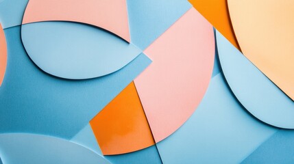 Poster - Abstract pastel blue paper texture featuring minimalist geometric shapes and lines in shades of peach and orange