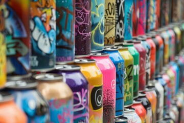Poster - Colorful used spray paint cans forming a big wall are displaying urban art and representing street art culture