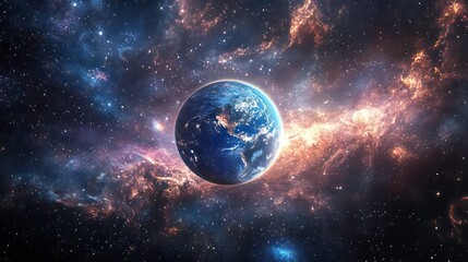 Poster - A stunning view of Earth surrounded by vibrant cosmic elements in deep space.
