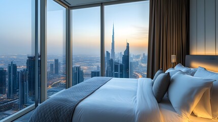 2. Panoramic view of a contemporary bedroom with a stylish bed, soft linens, and floor-to-ceiling windows overlooking a cityscape