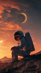 Wall Mural - astronaut sitting on planet surface watching crescent planet