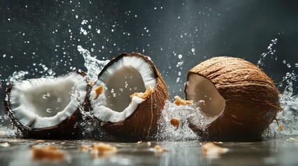 Poster - Cracked coconuts splashing water, showcasing freshness and natural beauty.
