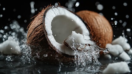 Poster - A split coconut with splashing water, showcasing its interior and fresh coconut flesh.