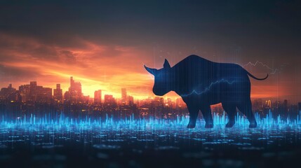 Aufkleber - A bull silhouette against a city skyline with digital sound waves, symbolizing market trends.