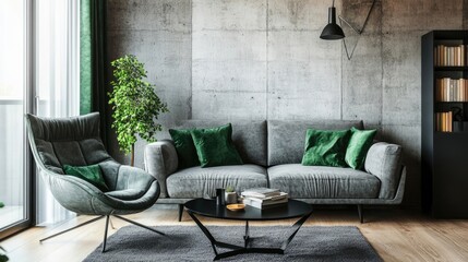 Loft living room interior with concrete wall, gray sofa, modern armchair, black coffee table, green pillows, curtains, books, and personal accessories