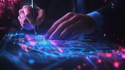 Poster - A person using a stylus on a digital interface with abstract data visualization.