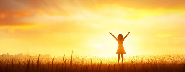 A silhouette of a person celebrating at sunset, surrounded by a golden landscape, symbolizing freedom and joy.