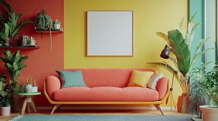 Modern and colorful interior of living room with design boucle sofa, mock up poster, shelf, plants, decorations and personal stuff