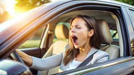 Woman Yawning Inside Car