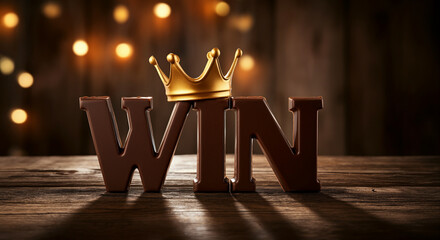 Aufkleber - WIN text with crown on wooden table in warm light for celebration and success