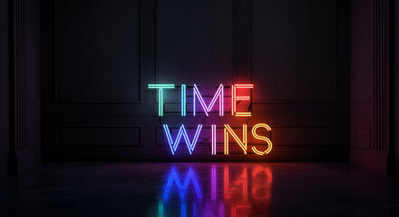 Poster - Neon sign TIME WINS in vibrant colors reflecting on dark surface for modern graphic design
