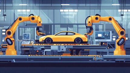 Aufkleber - A yellow car on an assembly line with robotic arms in a modern industrial setting.