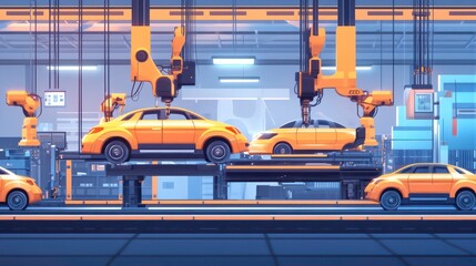 Aufkleber - A modern factory scene with robotic arms assembling yellow cars on production lines.