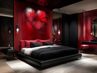 Modern bedroom features rich red walls, black furniture, and abstract wall art for a bold and chic aesthetic