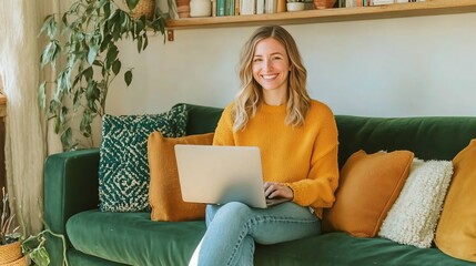 woman on green sofa with laptop, cozy living room, bright smile, home office