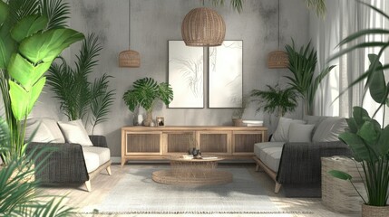 Scandinavian and design home interior of open space with wooden commode, gray sofa, design black rattan decoration, tropical leaves and elegant personal accessories. Stylish art home decor. Template