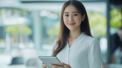 Poster - A young asian woman with a warm smile is standing in a bright, contemporary office, holding a tablet. She projects confidence and professionalism, surrounded by natural light and greenery.