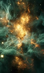 Wall Mural - Cosmic nebula with glowing particles and swirling clouds.