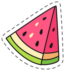 Cartoon drawing of a watermelon slice with black seeds, pink flesh, green rind, and a dotted cut line, suggesting it s a sticker or cutout.