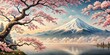 © udomsak - Beautiful sakura tree and mountain relief wallpaper mural with intricate details , sakura, tree, mountain, relief