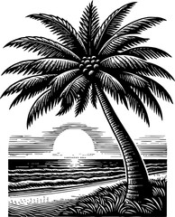 Wall Mural - tropical beach island sunset sunrise palm tree engraving black and white outline