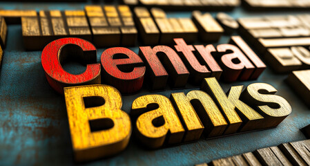Poster - Colorful Central Banks Word Collage Representing Monetary Policy and Economic News