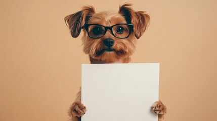 A dog with glasses on a uniform background holding an empty white advertising poster