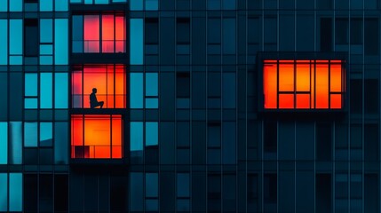 Poster - A man is sitting on a chair in a window of a tall building