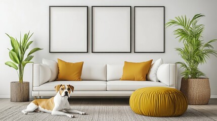 Stylish interior of living room with design furniture, gold pouf, plant, mock up poster frames, carpet, accessories and beautiful dog lying on the sofa