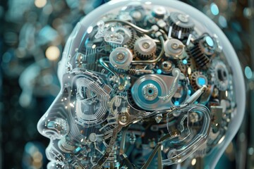 Poster - Complex mechanism with gears working inside a transparent human head, symbolizing artificial intelligence and future technologies
