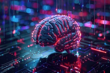 Poster - Three dimensional rendering of an artificial intelligence brain floating over a motherboard receiving data