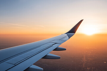 Airplane wing against a beautiful sunset view from the sky.