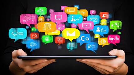Poster - Person holding tablet displaying digital marketing tactics, a professional setup with strategic insights.
