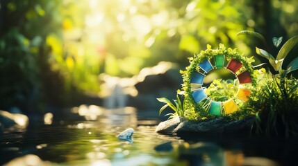 Aufkleber - A serene scene featuring a color wheel surrounded by lush greenery and a tranquil stream.