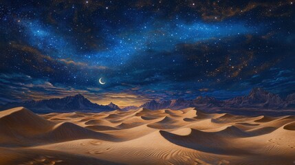 Towering sand dunes under a starry night sky, with soft moonlight highlighting the contours